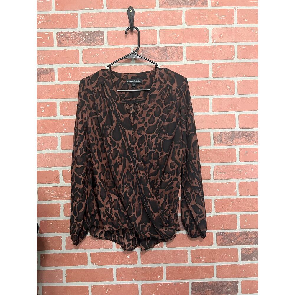 Catherine Melandrino Cheetah Print Long Sleeve V-Neck Top - L